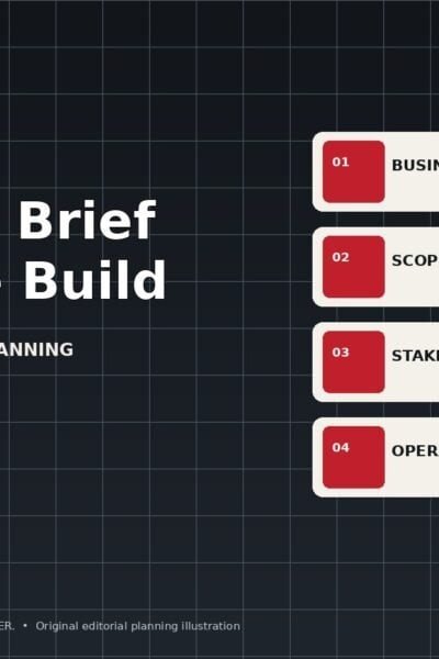 Wohlford editorial diagram listing business goal, scope, stakeholders, and operations for commercial renovation planning