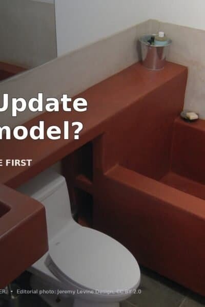 Editorial bathroom photo with the words Cosmetic Update or Full Remodel and Define the Bathroom Scope First