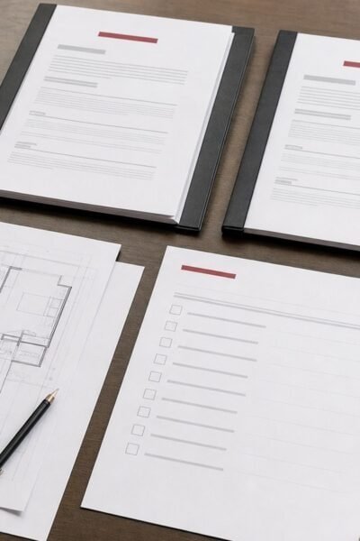 Two remodeling proposal packets, floor plans, material samples, checklist, and calculator arranged for comparison
