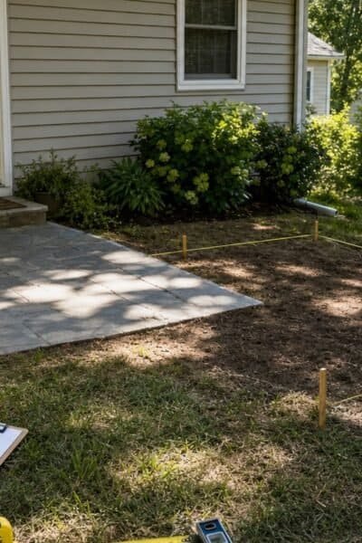 Backyard beside a Virginia home with a patio, measured proposed deck area, stakes, clipboard, tape measure, and level