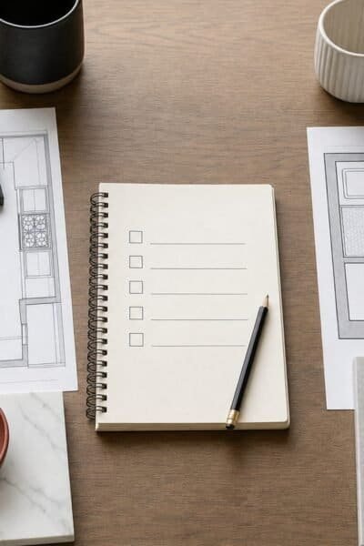 Kitchen and bathroom floor plans with cabinet, counter, tile, fixture, and faucet samples arranged around a decision checklist