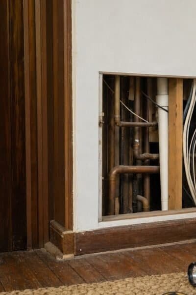 Older home interior with original wood trim, an open utility access panel, flashlight, tape measure, and notebook