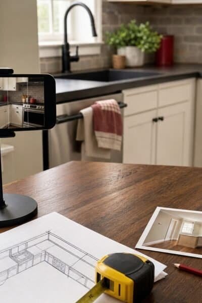 Smartphone on a stand photographing a kitchen beside a room sketch, tape measure, pencil, and printed reference photo