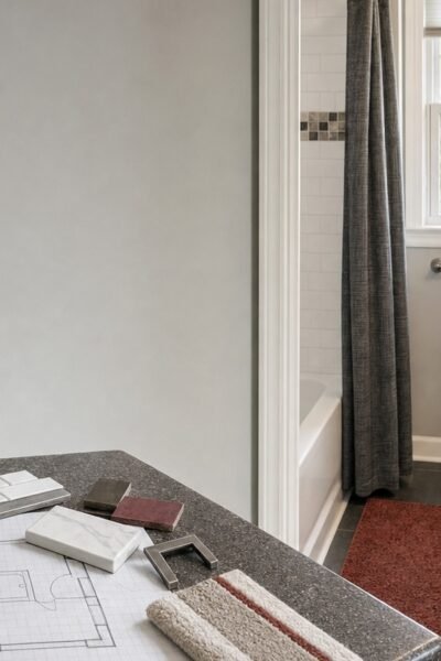 Bathroom planning materials on a counter beside a compact one-bathroom home layout